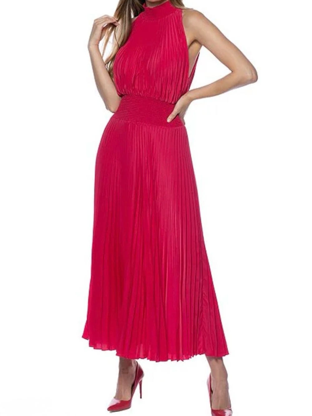 Marina Sleeveless Pleated Midi Dress in Hot Pink